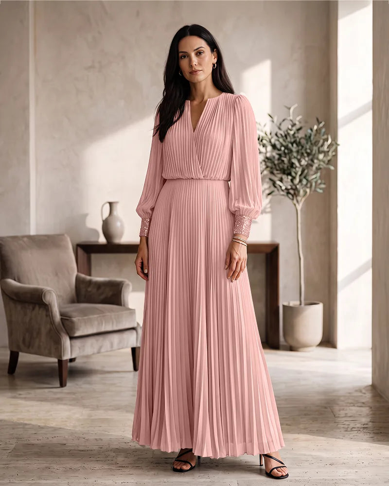Pleated Chiffon Mother of the Bride Dress with Beaded Cuffs