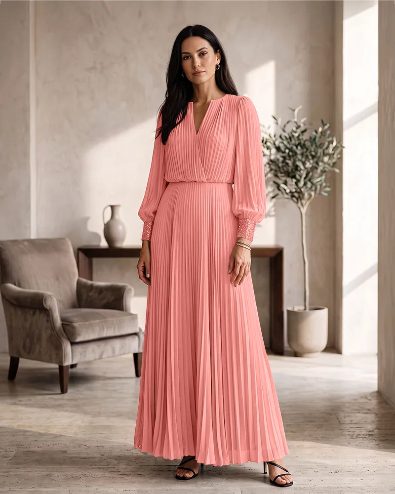 Pleated Chiffon Mother of the Bride Dress with Beaded Cuffs