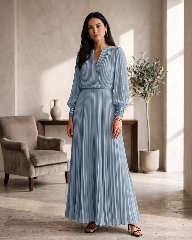 Pleated Chiffon Mother of the Bride Dress with Beaded Cuffs
