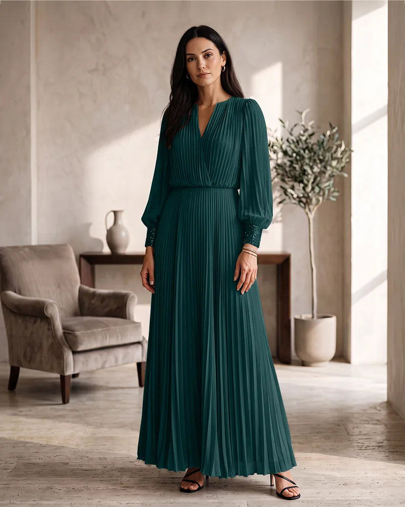 Pleated Chiffon Mother of the Bride Dress with Beaded Cuffs