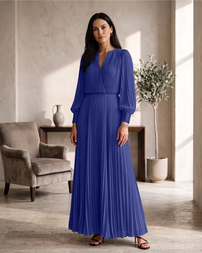 Pleated Chiffon Mother of the Bride Dress with Beaded Cuffs