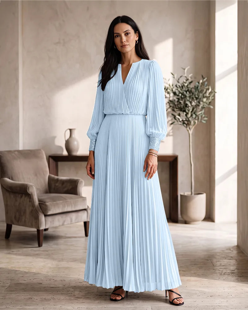 Pleated Chiffon Mother of the Bride Dress with Beaded Cuffs
