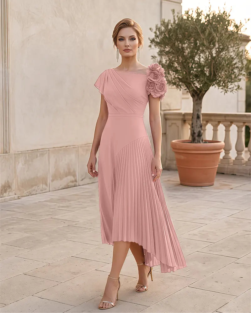 3D Floral Pleated High Low Midi Mother of the Bride Dress
