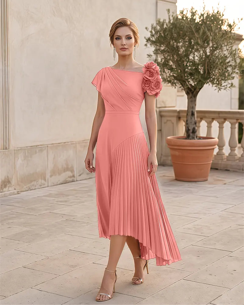 3D Floral Pleated High Low Midi Mother of the Bride Dress