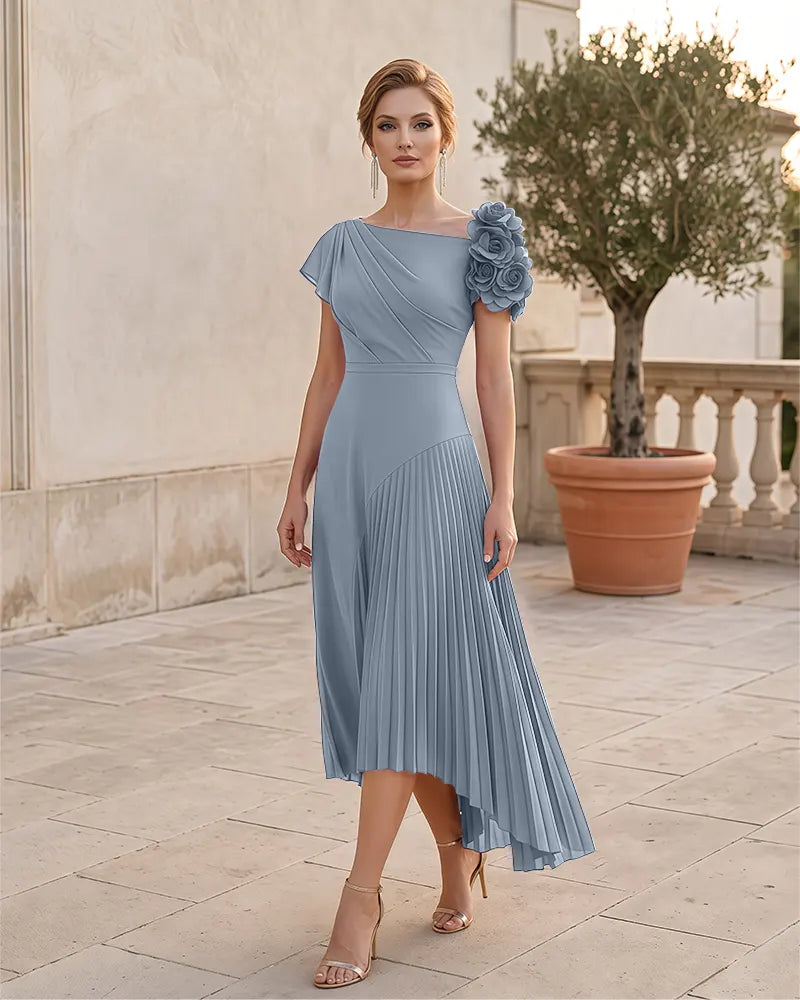 3D Floral Pleated High Low Midi Mother of the Bride Dress