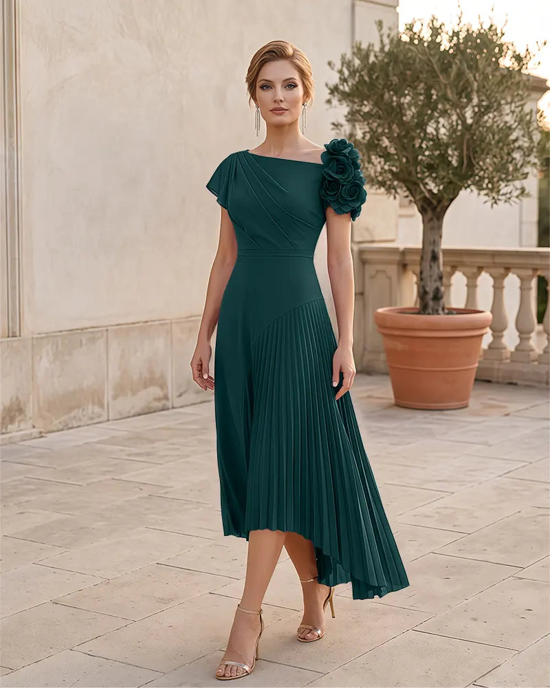 3D Floral Pleated High Low Midi Mother of the Bride Dress