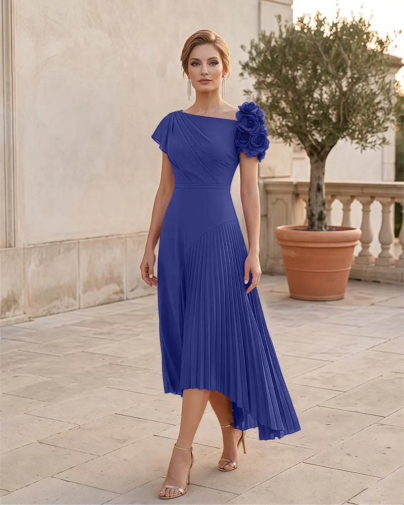 3D Floral Pleated High Low Midi Mother of the Bride Dress