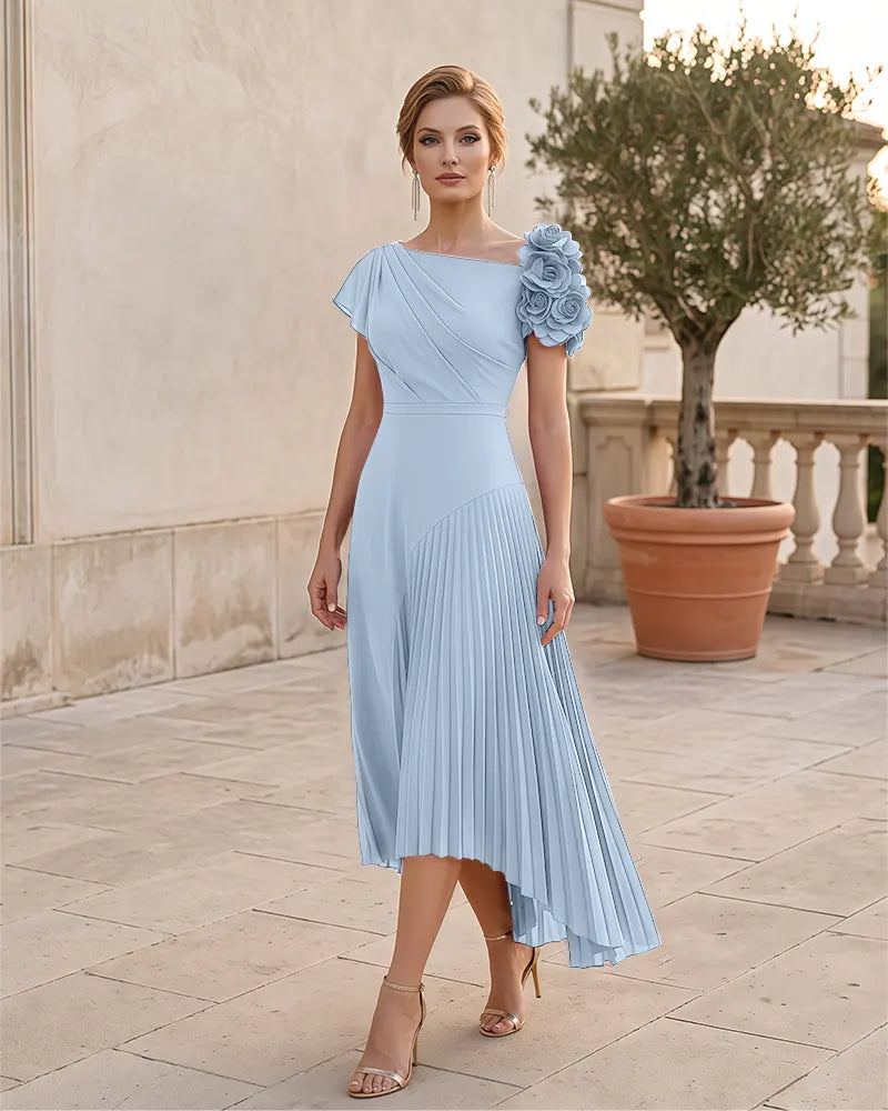 3D Floral Pleated High Low Midi Mother of the Bride Dress