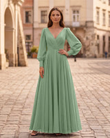 Chiffon Long Sleeves Mother of Bride Dress V Neck A-Line