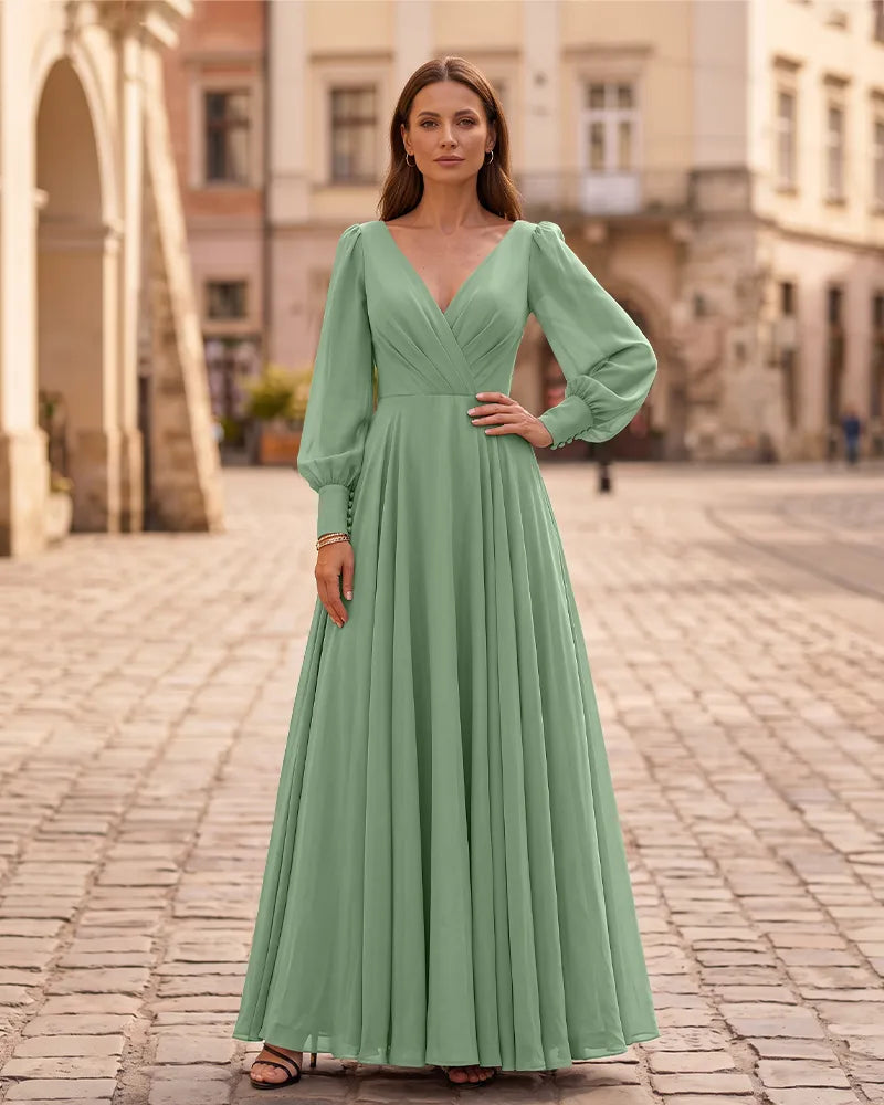 Chiffon Long Sleeves Mother of Bride Dress V Neck A-Line