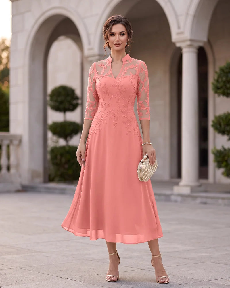 V‑Neck A‑Line Mother of the Bride Dress with 3/4 Sleeves