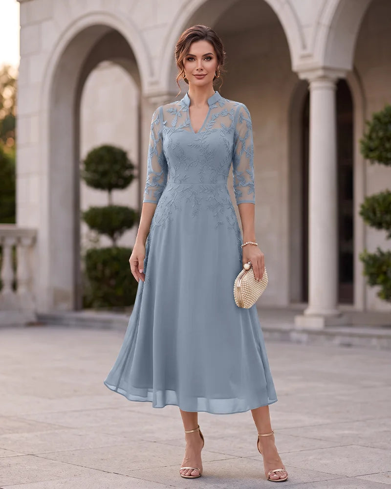 V‑Neck A‑Line Mother of the Bride Dress with 3/4 Sleeves