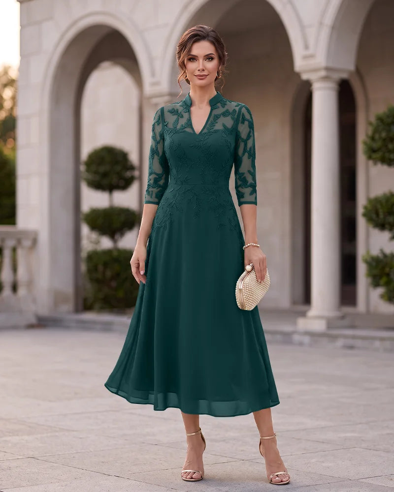 V‑Neck A‑Line Mother of the Bride Dress with 3/4 Sleeves