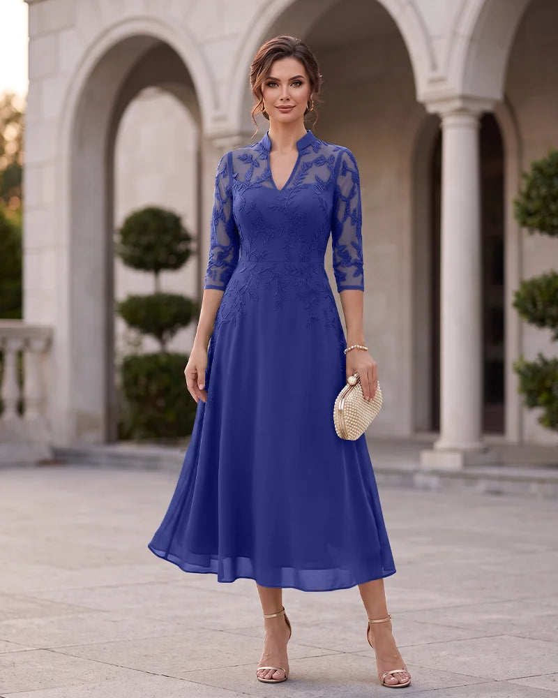 V‑Neck A‑Line Mother of the Bride Dress with 3/4 Sleeves