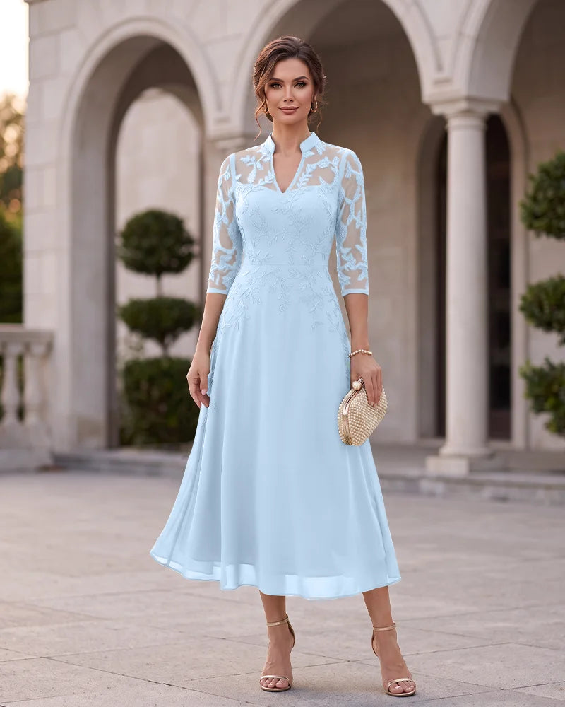 V‑Neck A‑Line Mother of the Bride Dress with 3/4 Sleeves