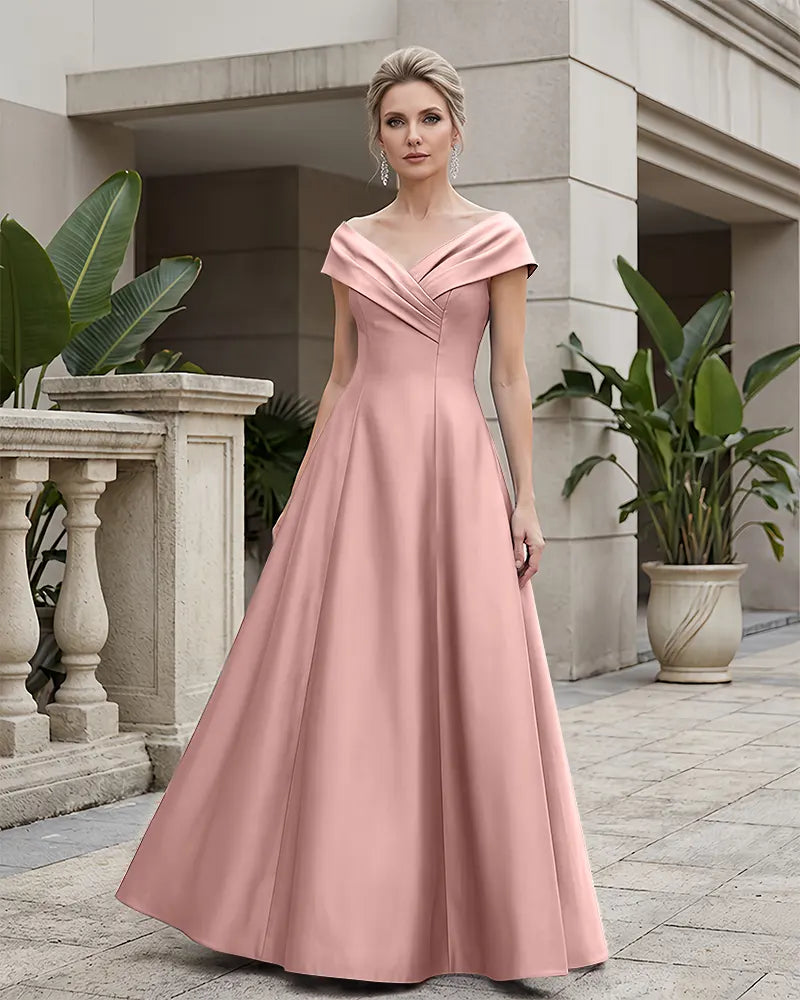 Off Shoulder Fold V Neck Satin Mother of the Bride Dress