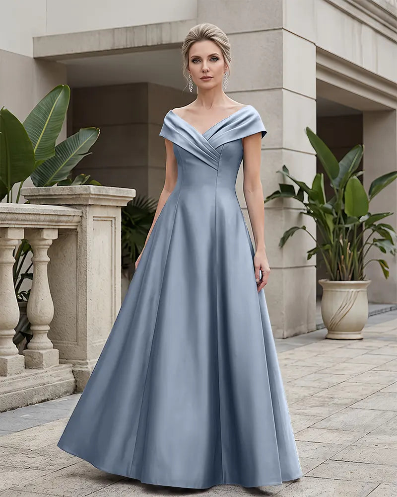 Off Shoulder Fold V Neck Satin Mother of the Bride Dress