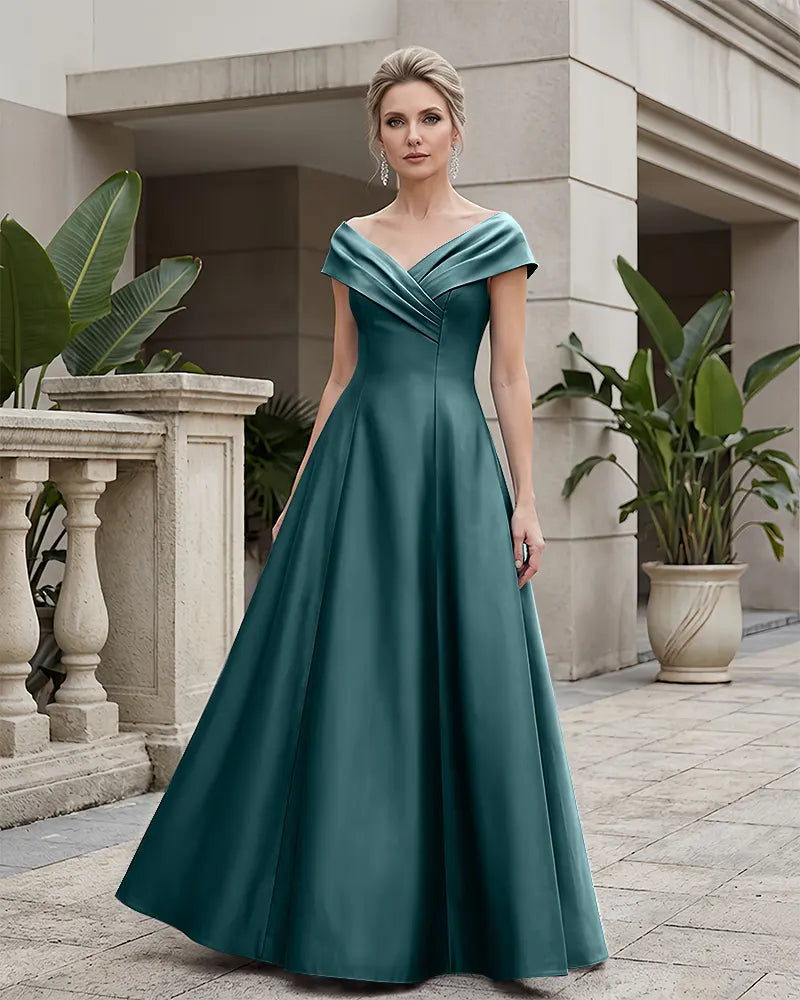 Off Shoulder Fold V Neck Satin Mother of the Bride Dress