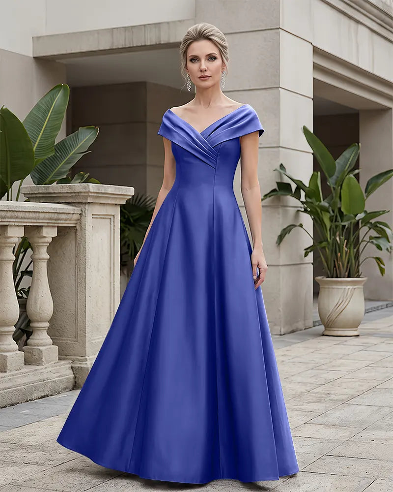 Off Shoulder Fold V Neck Satin Mother of the Bride Dress