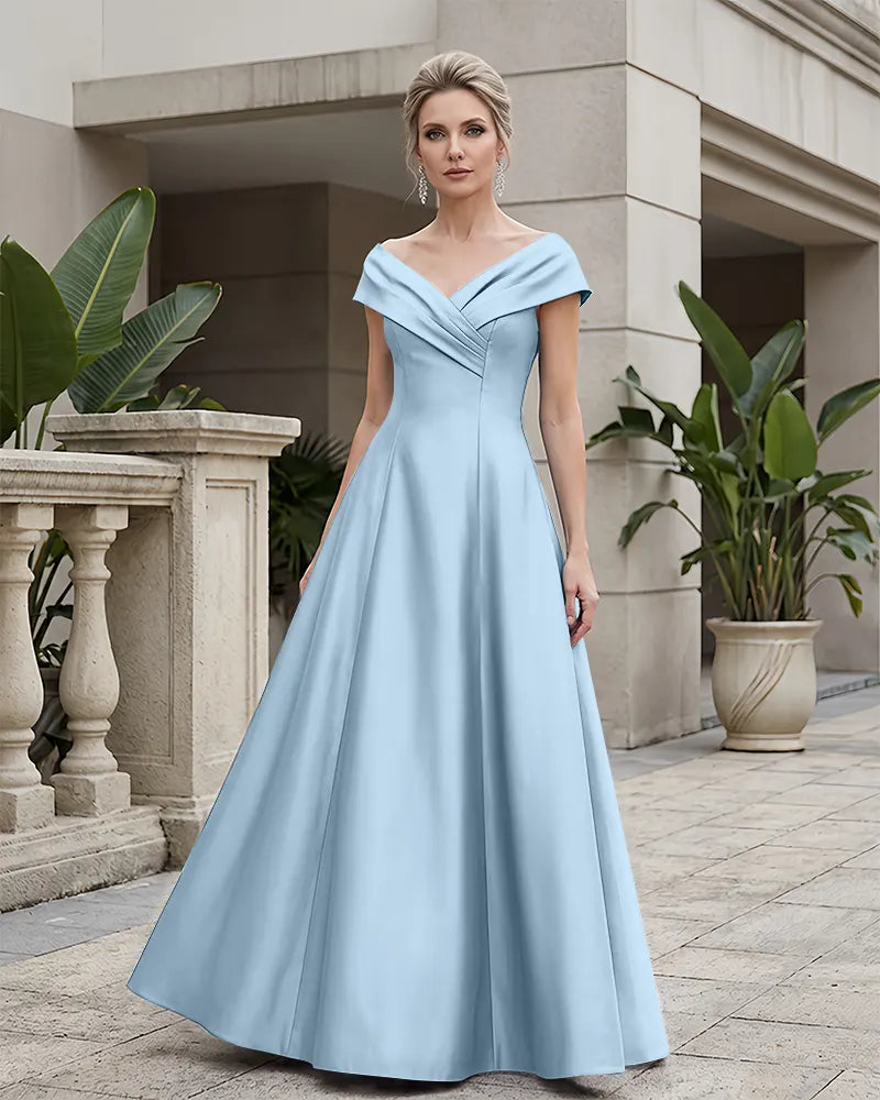 Off Shoulder Fold V Neck Satin Mother of the Bride Dress