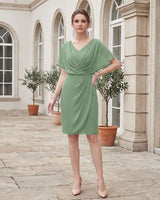 Chiffon V Neck Cape Sleeve Knee Length Mother of Bride Dress