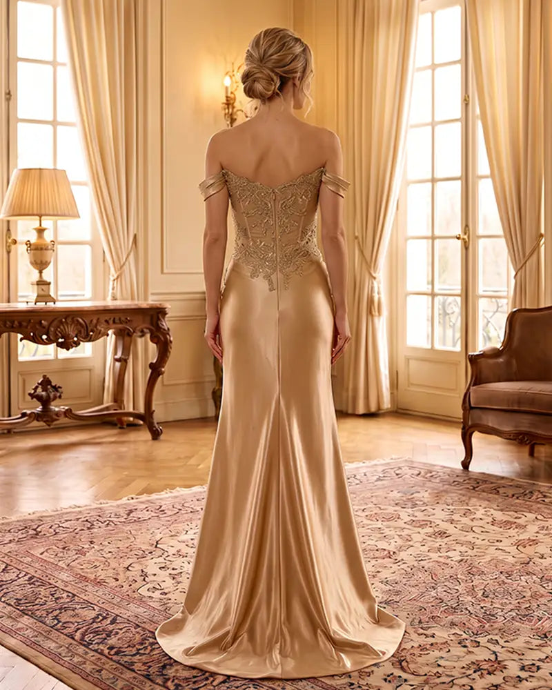 Sweetheart Sequin Corset Satin Slit Formal Maxi Gown