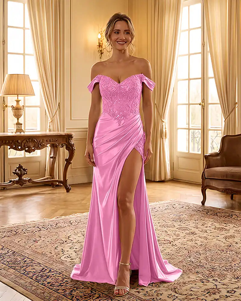 Sweetheart Sequin Corset Satin Slit Formal Maxi Gown