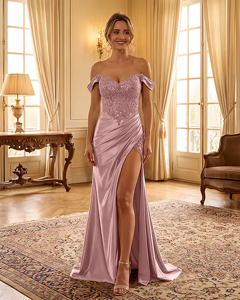 Sweetheart Sequin Corset Satin Slit Formal Maxi Gown