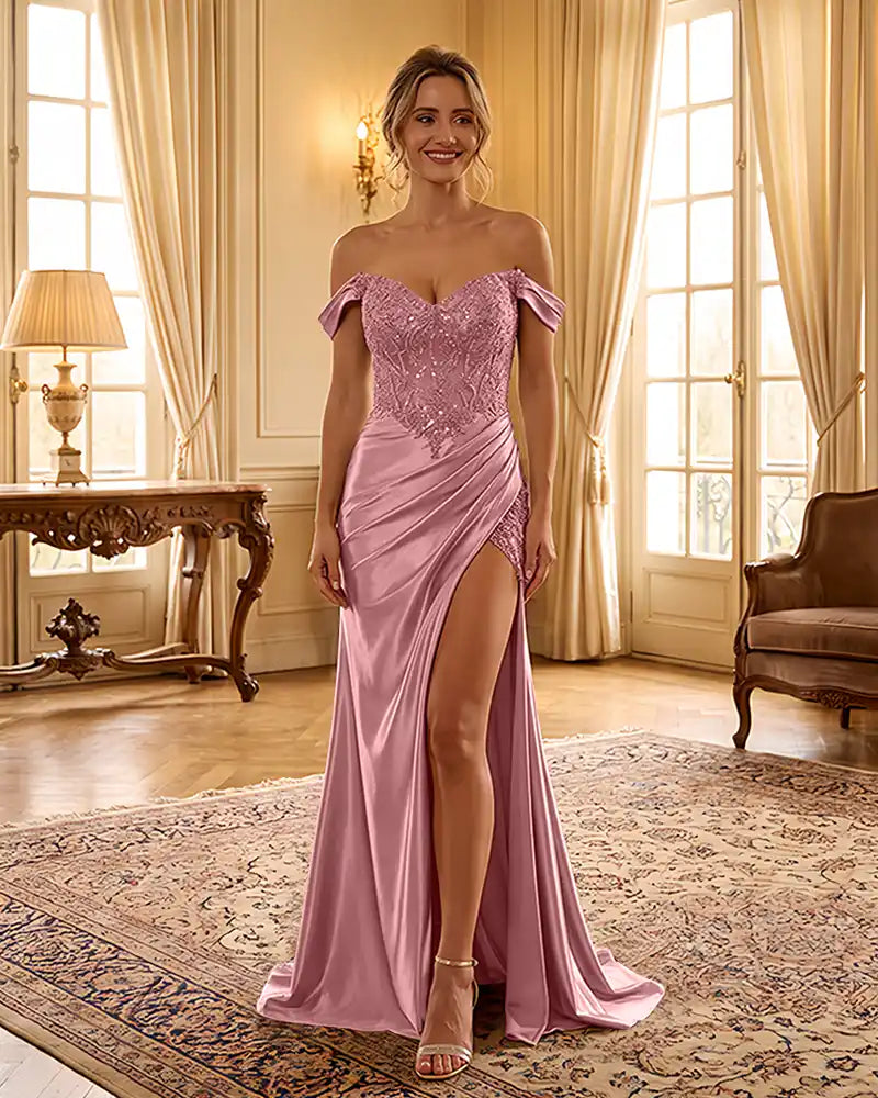 Sweetheart Sequin Corset Satin Slit Formal Maxi Gown
