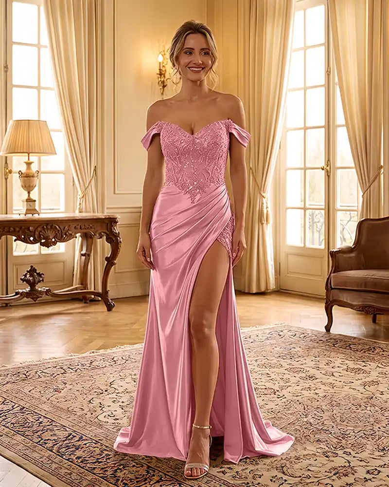 Sweetheart Sequin Corset Satin Slit Formal Maxi Gown
