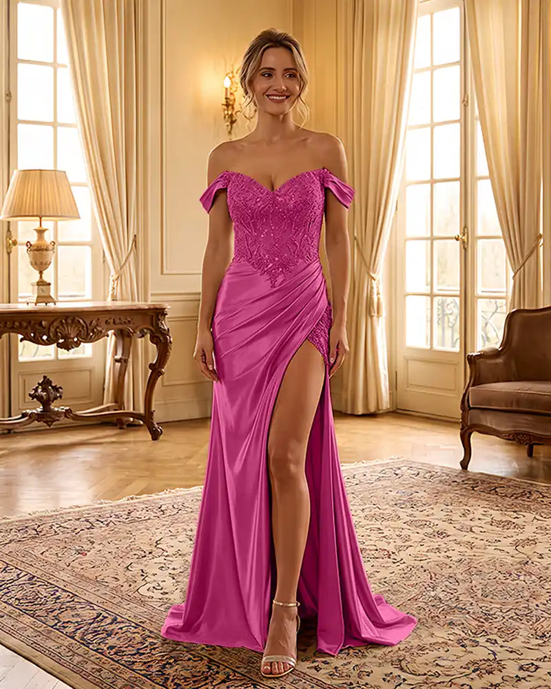 Sweetheart Sequin Corset Satin Slit Formal Maxi Gown