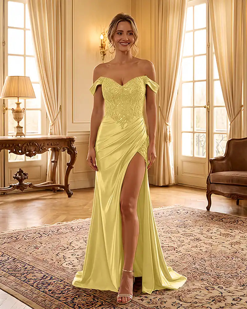 Sweetheart Sequin Corset Satin Slit Formal Maxi Gown