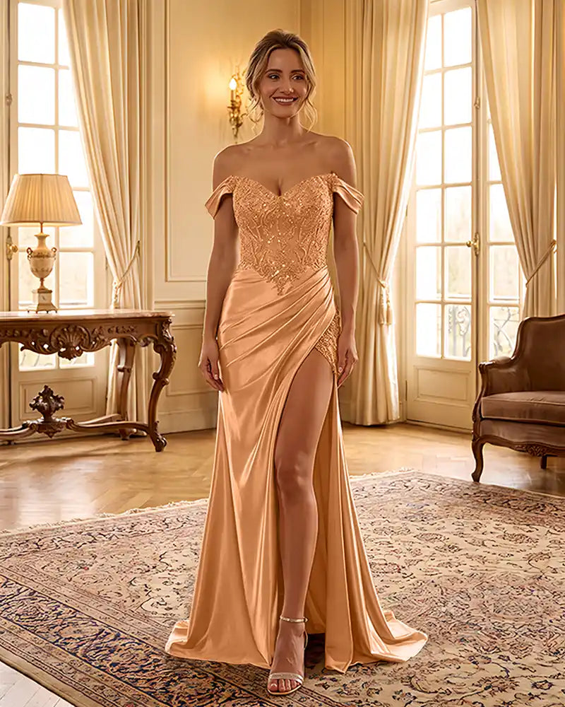Sweetheart Sequin Corset Satin Slit Formal Maxi Gown