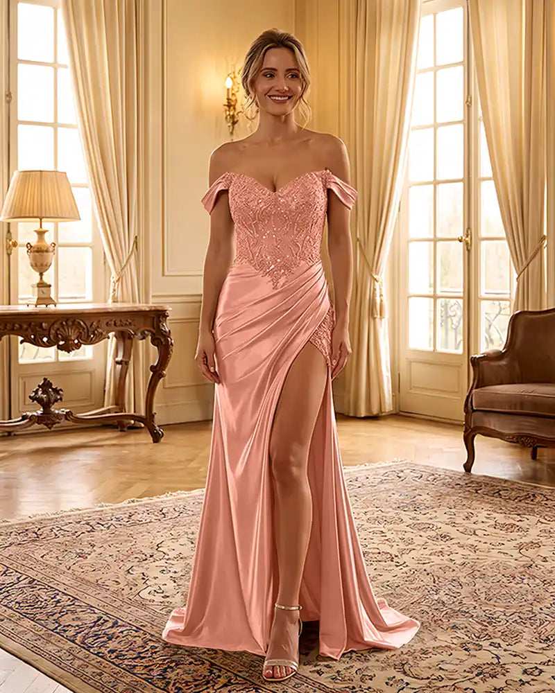 Sweetheart Sequin Corset Satin Slit Formal Maxi Gown
