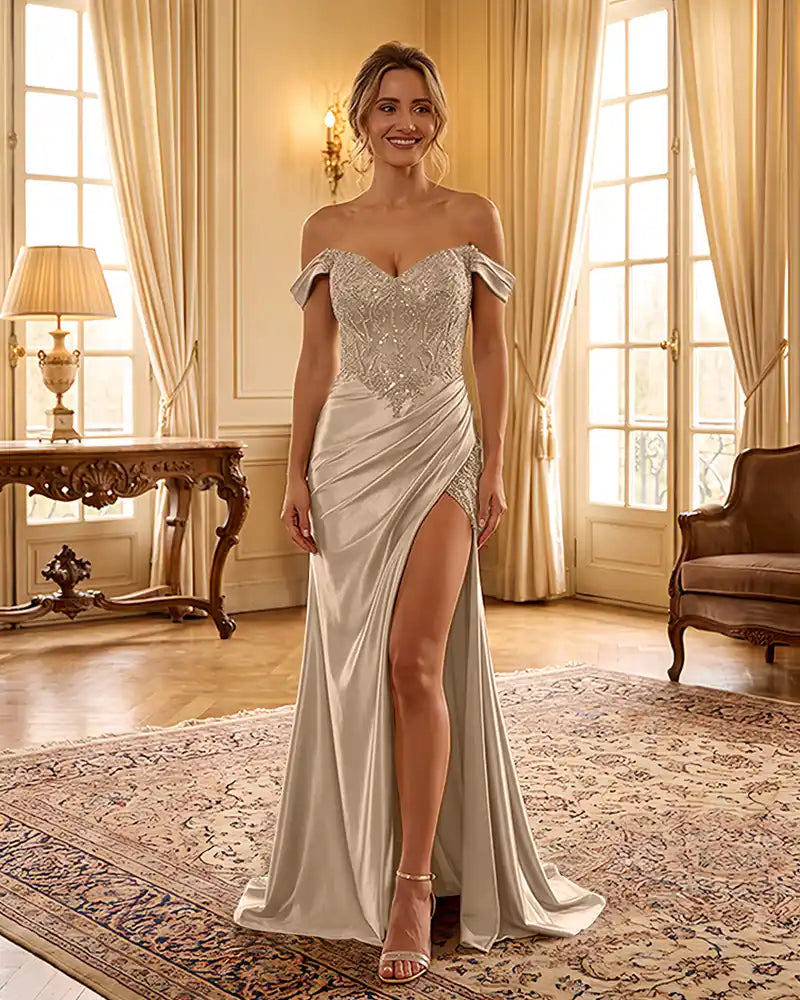 Sweetheart Sequin Corset Satin Slit Formal Maxi Gown