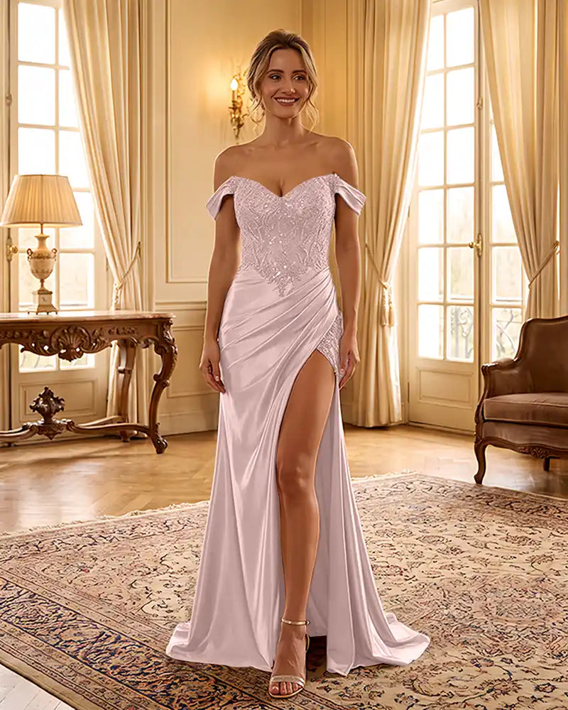 Sweetheart Sequin Corset Satin Slit Formal Maxi Gown