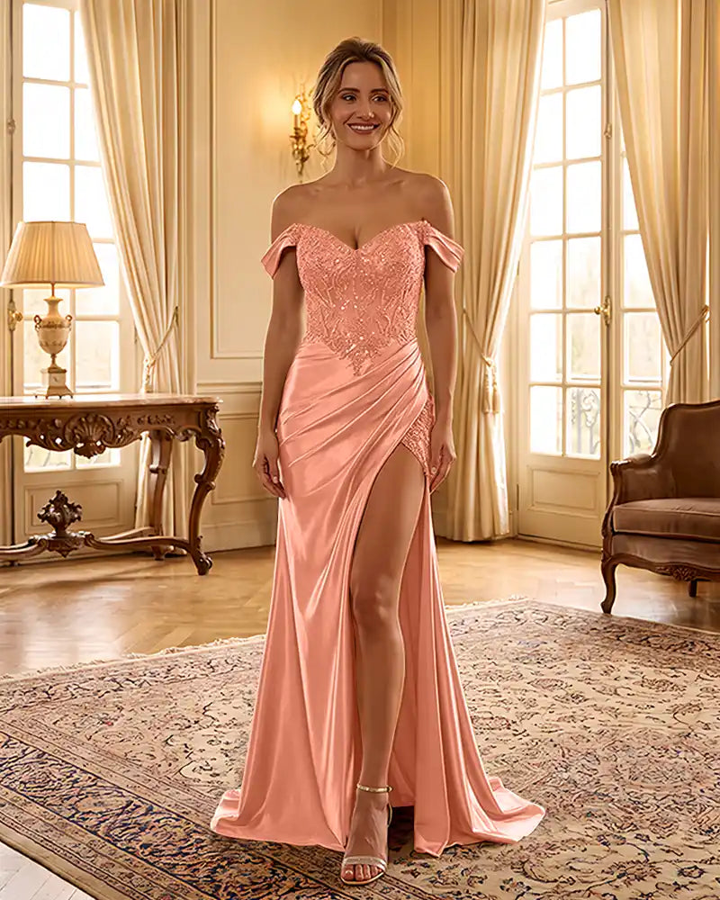 Sweetheart Sequin Corset Satin Slit Formal Maxi Gown