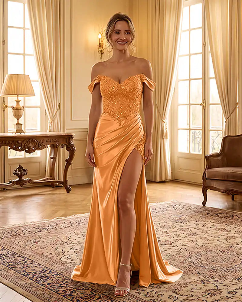 Sweetheart Sequin Corset Satin Slit Formal Maxi Gown