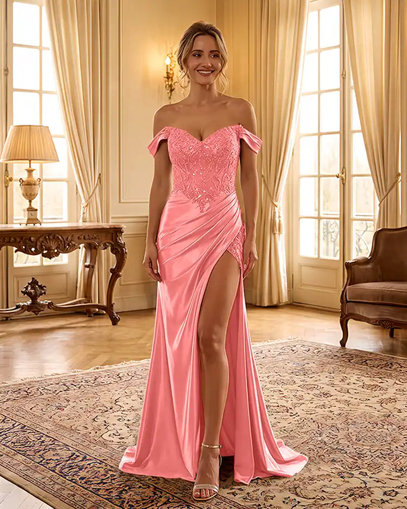 Sweetheart Sequin Corset Satin Slit Formal Maxi Gown