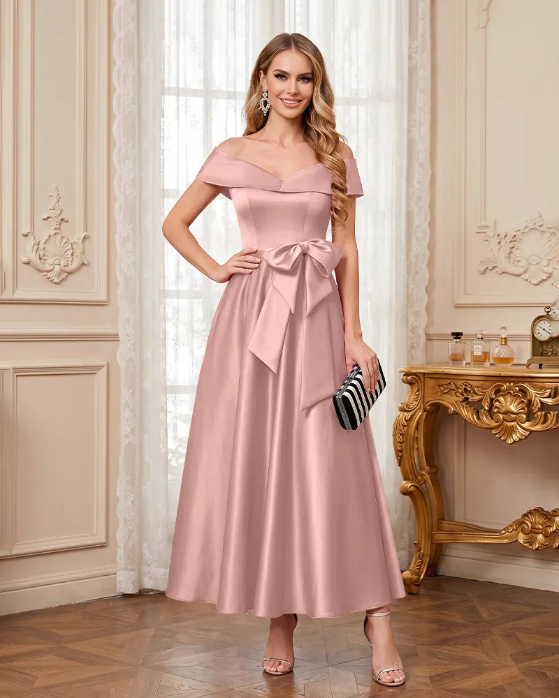Off Shoulder Mother of the Bride Dress with Large Waist Bow