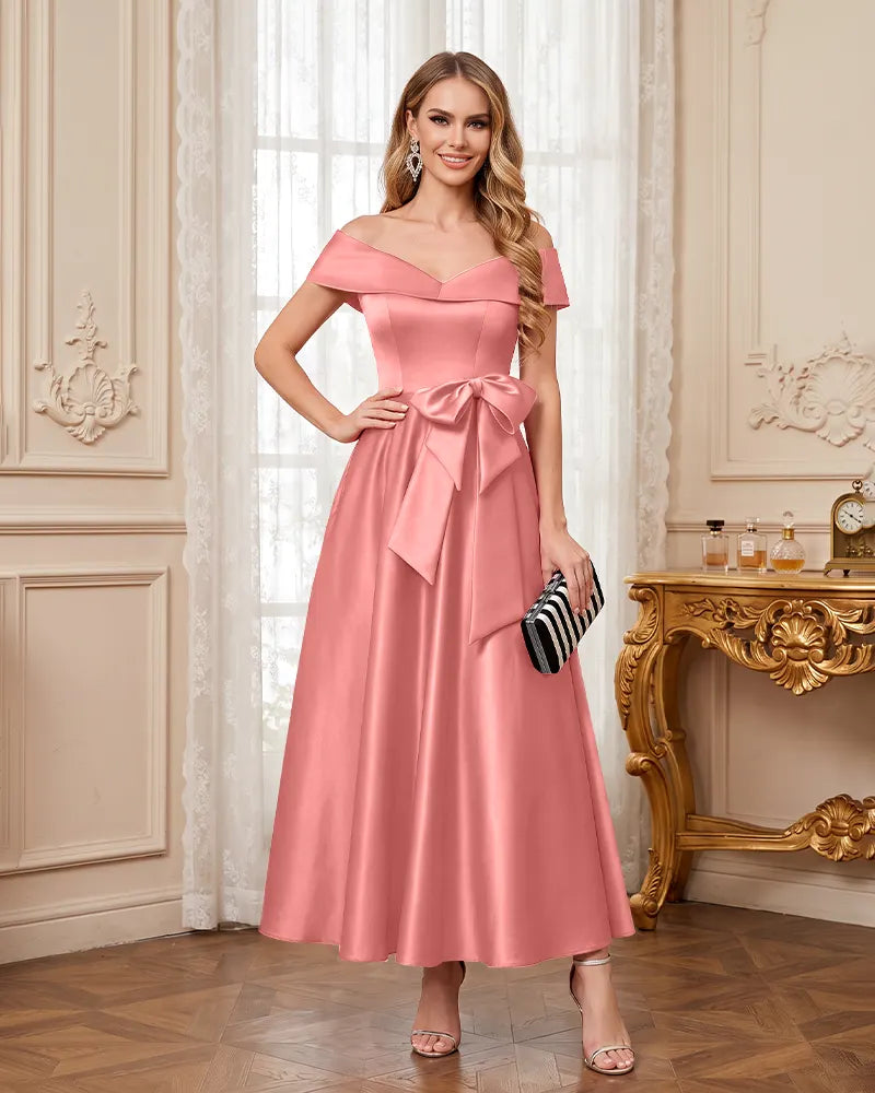 Off Shoulder Mother of the Bride Dress with Large Waist Bow