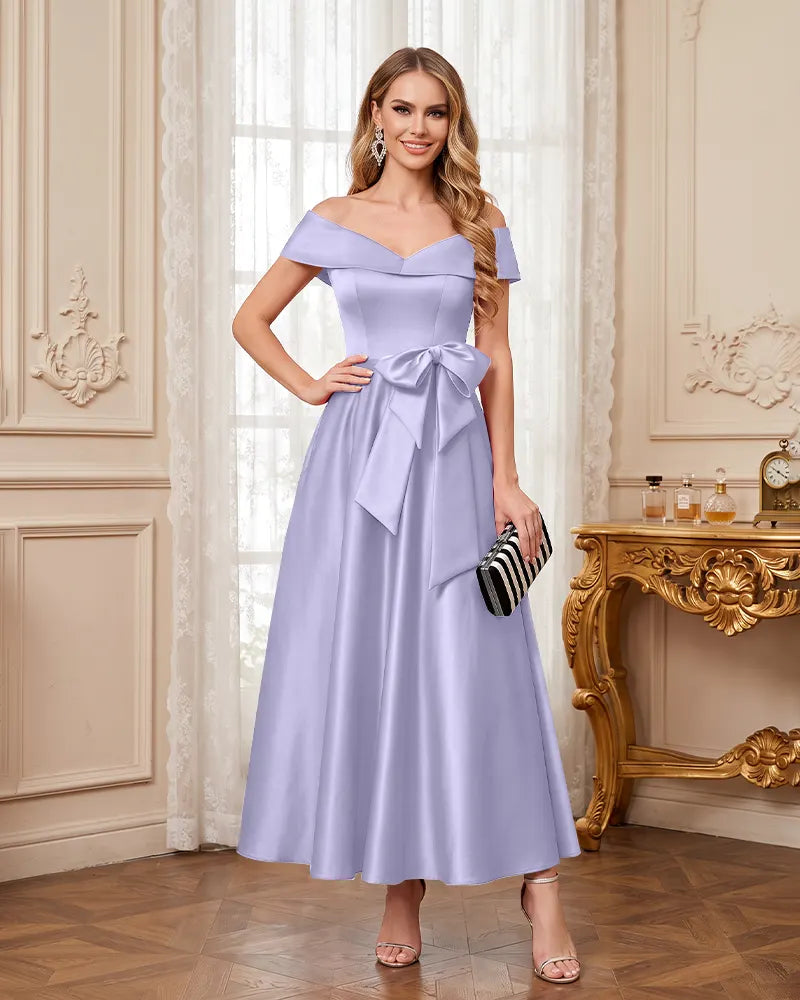 Off Shoulder Mother of the Bride Dress with Large Waist Bow