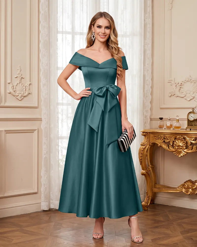 Off Shoulder Mother of the Bride Dress with Large Waist Bow