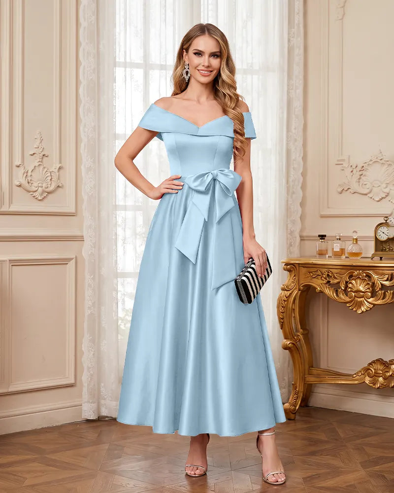 Off Shoulder Mother of the Bride Dress with Large Waist Bow