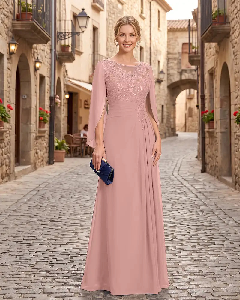 Lace Sequin Cape Sleeves Mother of the Bride Dress