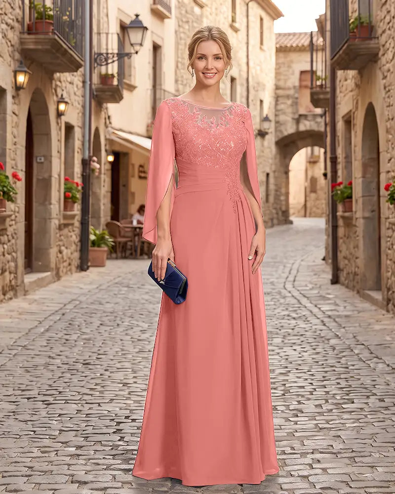 Lace Sequin Cape Sleeves Mother of the Bride Dress