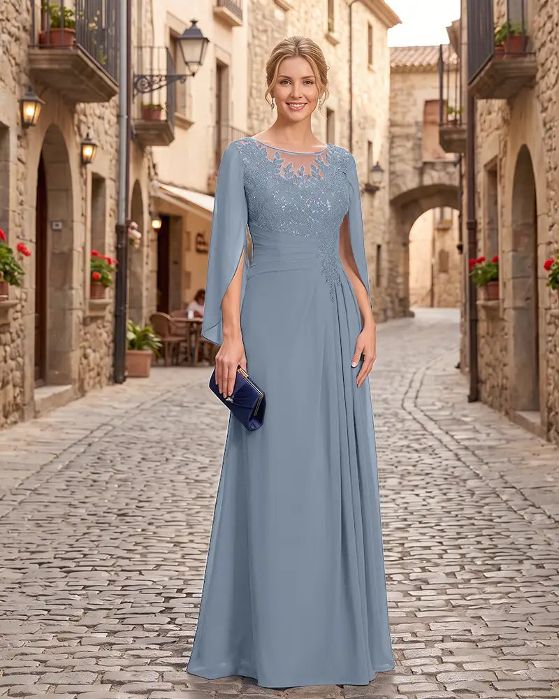 Lace Sequin Cape Sleeves Mother of the Bride Dress