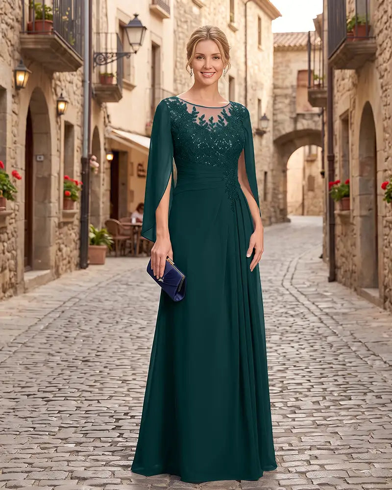 Lace Sequin Cape Sleeves Mother of the Bride Dress