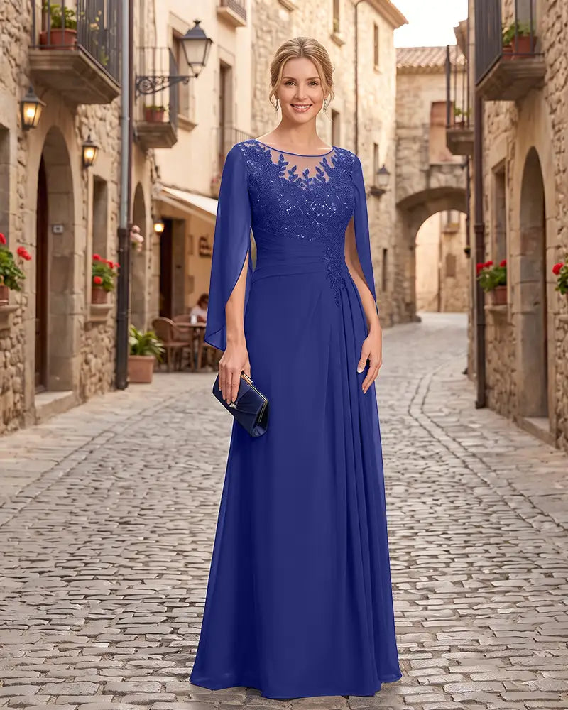 Lace Sequin Cape Sleeves Mother of the Bride Dress