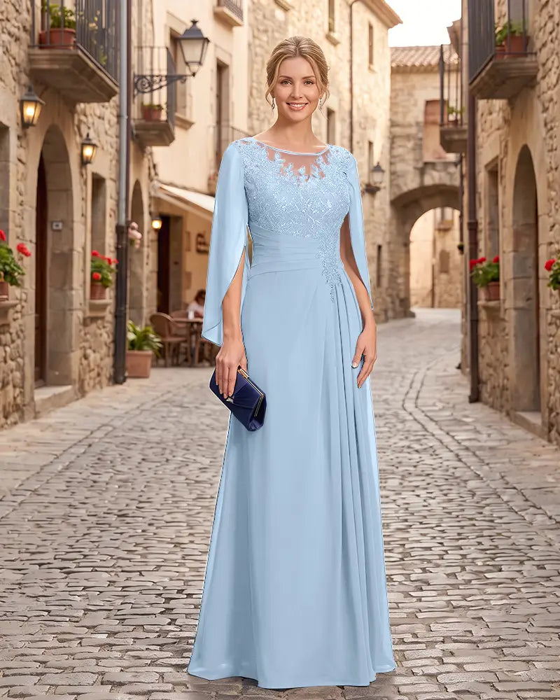 Lace Sequin Cape Sleeves Mother of the Bride Dress